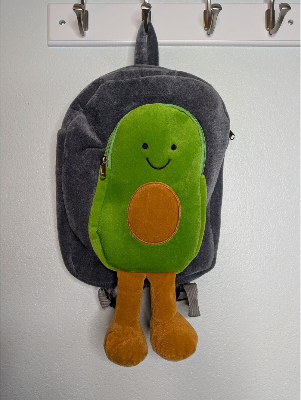 Cute Avocado Plush Kids Backpack Gray Green Adjustable Straps